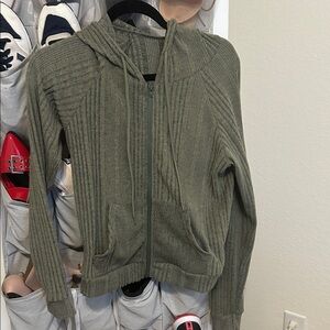 Olive Green Ribbed Zip-Up Hoodie Sweater